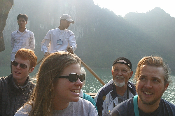 Rowing through a grotto.