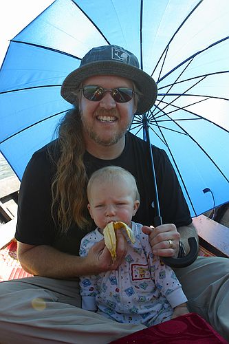 Gus gets a banana on the boat.