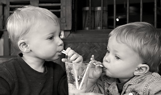 Sharing a mango shake.